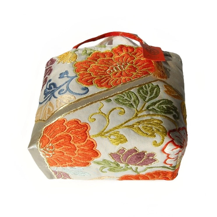 Vintage Fukuro Obi Mini Tote Bag — Orange Floral Motif on Silver Silk