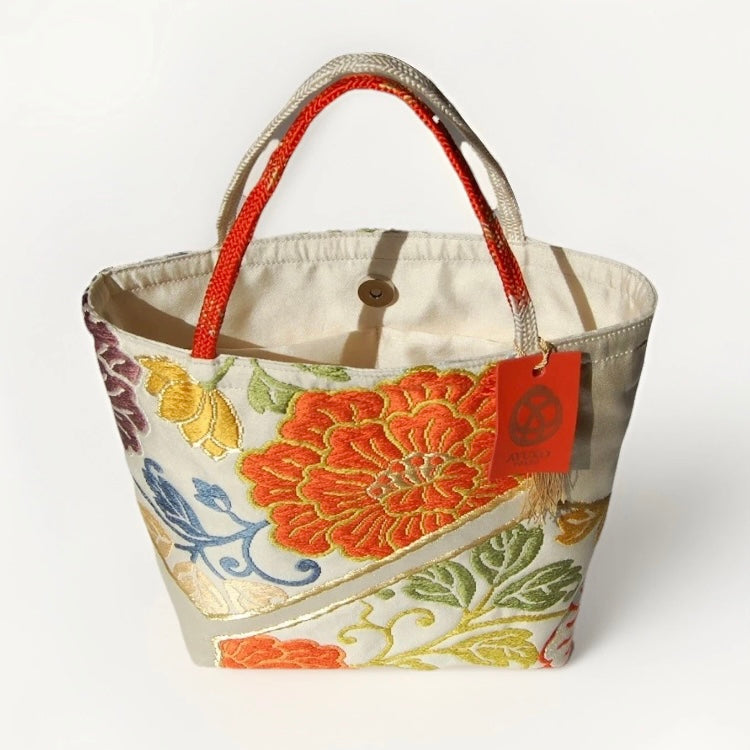 Vintage Fukuro Obi Mini Tote Bag — Orange Floral Motif on Silver Silk
