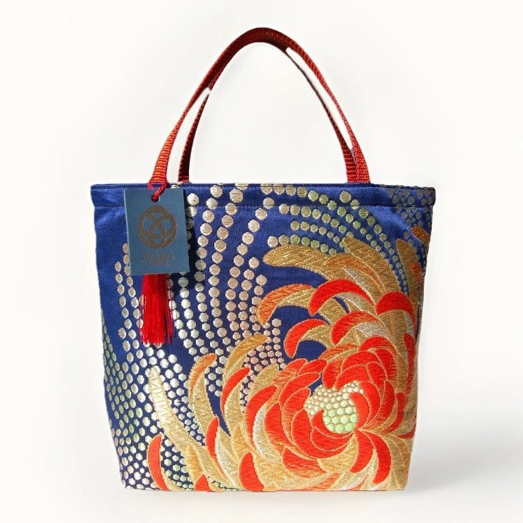 Rangiku 乱菊 Chrysanthemum Vintage Obi Silk Tote in Navy Red