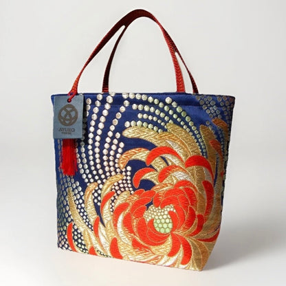 Rangiku 乱菊 Chrysanthemum Vintage Obi Silk Tote in Navy Red