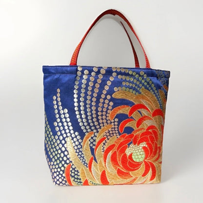 Rangiku 乱菊 Chrysanthemum Vintage Obi Silk Tote in Navy Red