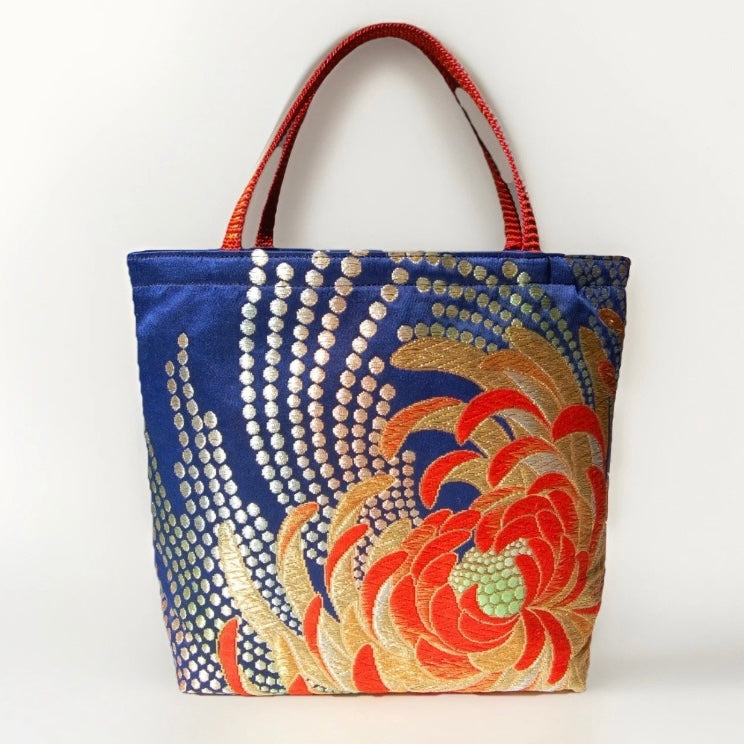 Rangiku 乱菊 Chrysanthemum Vintage Obi Silk Tote in Navy Red