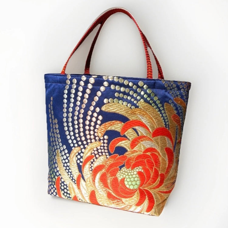 Rangiku 乱菊 Chrysanthemum Vintage Obi Silk Tote in Navy Red
