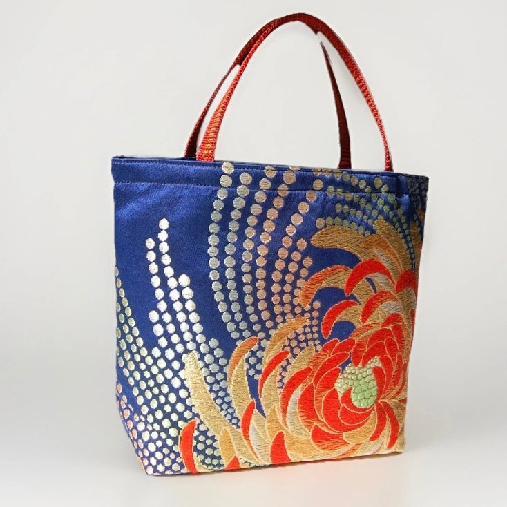 Rangiku 乱菊 Chrysanthemum Vintage Obi Silk Tote in Navy Red