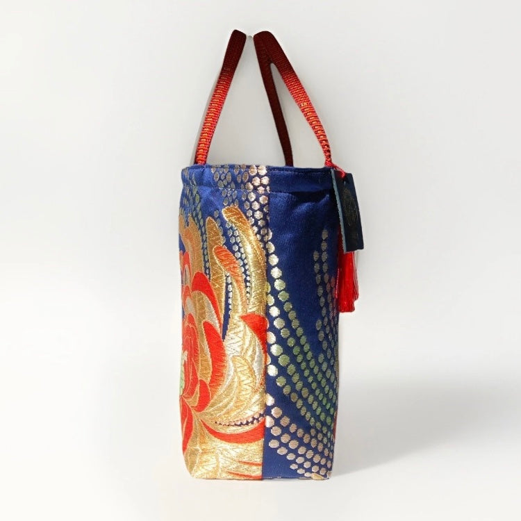 Rangiku 乱菊 Chrysanthemum Vintage Obi Silk Tote in Navy Red