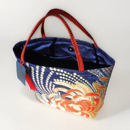 Rangiku 乱菊 Chrysanthemum Vintage Obi Silk Tote in Navy Red
