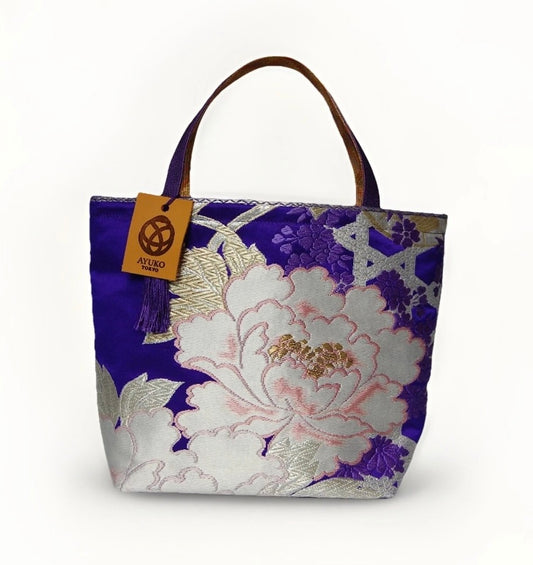 Vintage Fukuro Obi Mini Tote Bag — Royal Purple Peony Silk