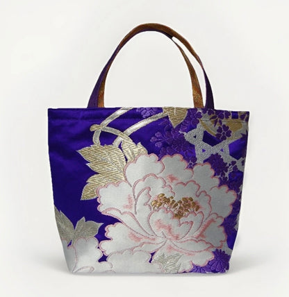 Vintage Fukuro Obi Mini Tote Bag — Royal Purple Peony Silk