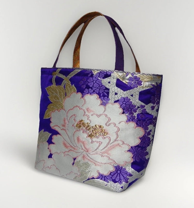 Vintage Fukuro Obi Mini Tote Bag — Royal Purple Peony Silk
