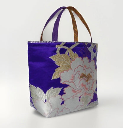 Vintage Fukuro Obi Mini Tote Bag — Royal Purple Peony Silk