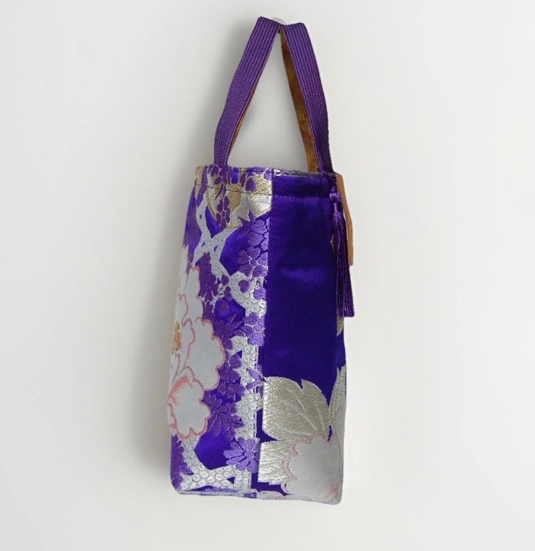 Vintage Fukuro Obi Mini Tote Bag — Royal Purple Peony Silk