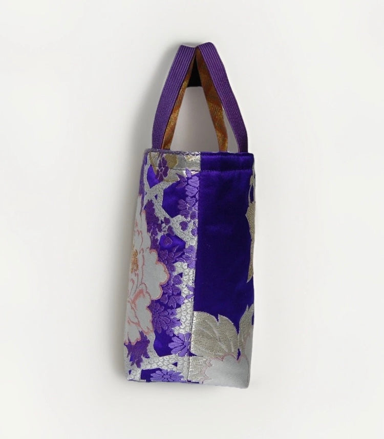 Vintage Fukuro Obi Mini Tote Bag — Royal Purple Peony Silk