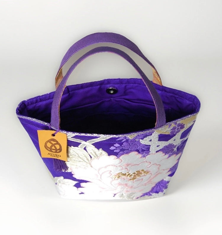 Vintage Fukuro Obi Mini Tote Bag — Royal Purple Peony Silk