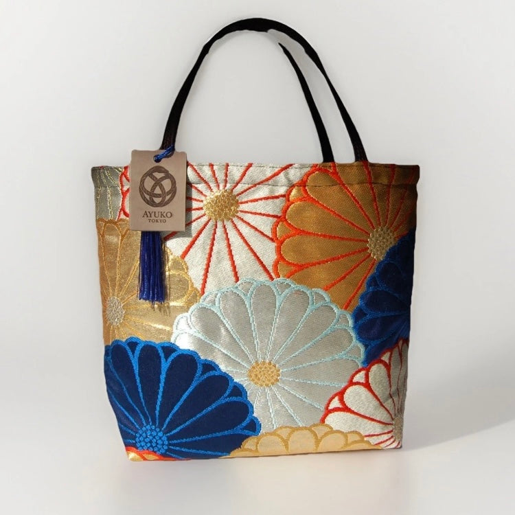 Kiku-zukushi 菊尽くし Vintage Obi Silk Tote in Navy Silver Gold