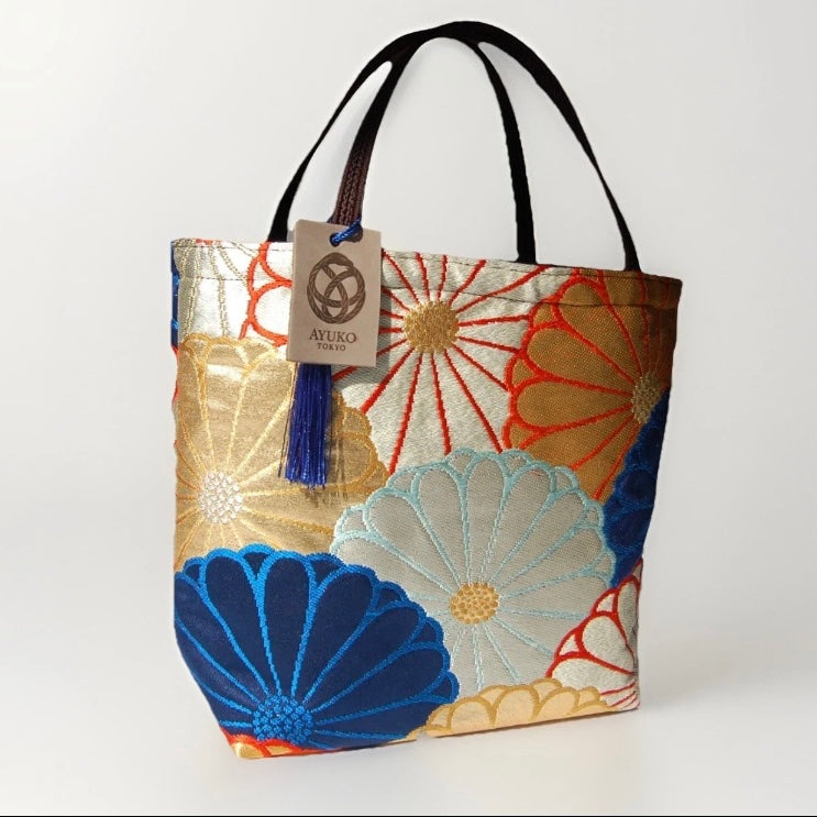 Kiku-zukushi 菊尽くし Vintage Obi Silk Tote in Navy Silver Gold