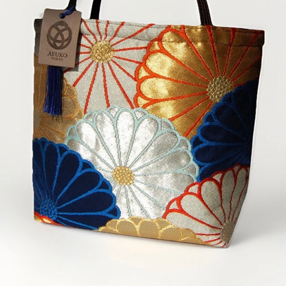Kiku-zukushi 菊尽くし Vintage Obi Silk Tote in Navy Silver Gold