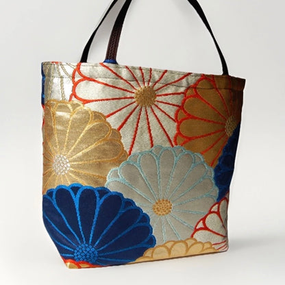 Kiku-zukushi 菊尽くし Vintage Obi Silk Tote in Navy Silver Gold