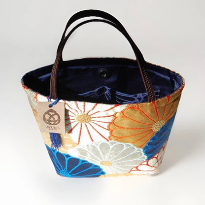 Kiku-zukushi 菊尽くし Vintage Obi Silk Tote in Navy Silver Gold