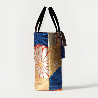 Kiku-zukushi 菊尽くし Vintage Obi Silk Tote in Navy Silver Gold