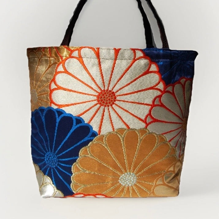 Kiku-zukushi 菊尽くし Vintage Obi Silk Tote in Navy Silver Gold