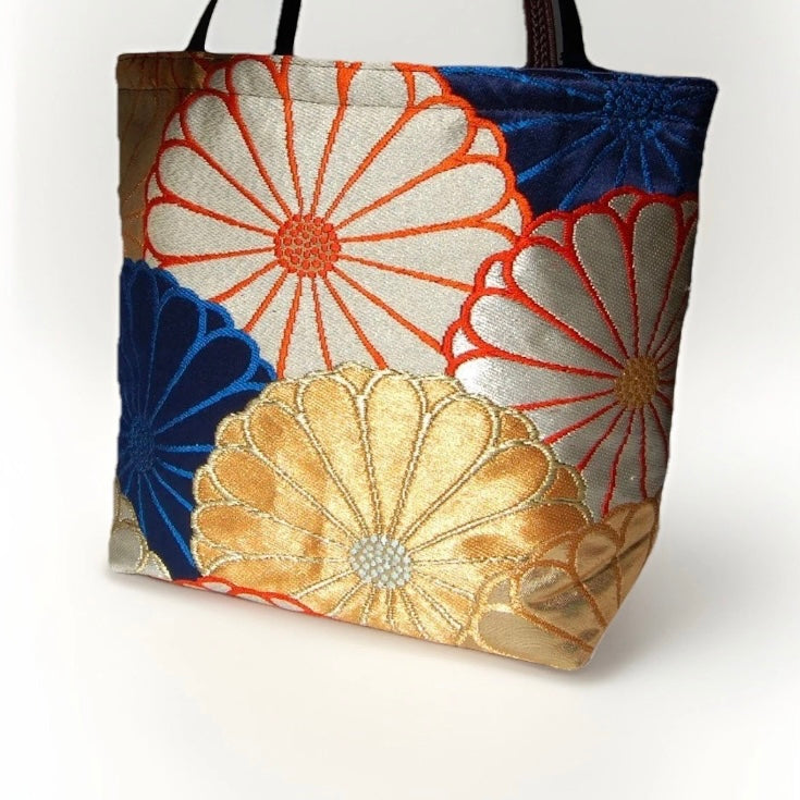 Kiku-zukushi 菊尽くし Vintage Obi Silk Tote in Navy Silver Gold