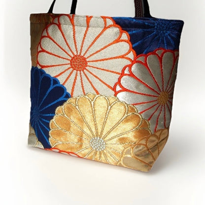 Kiku-zukushi 菊尽くし Vintage Obi Silk Tote in Navy Silver Gold