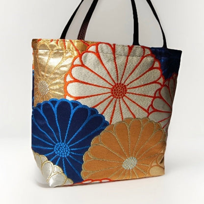 Kiku-zukushi 菊尽くし Vintage Obi Silk Tote in Navy Silver Gold