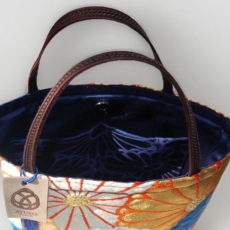 Kiku-zukushi 菊尽くし Vintage Obi Silk Tote in Navy Silver Gold