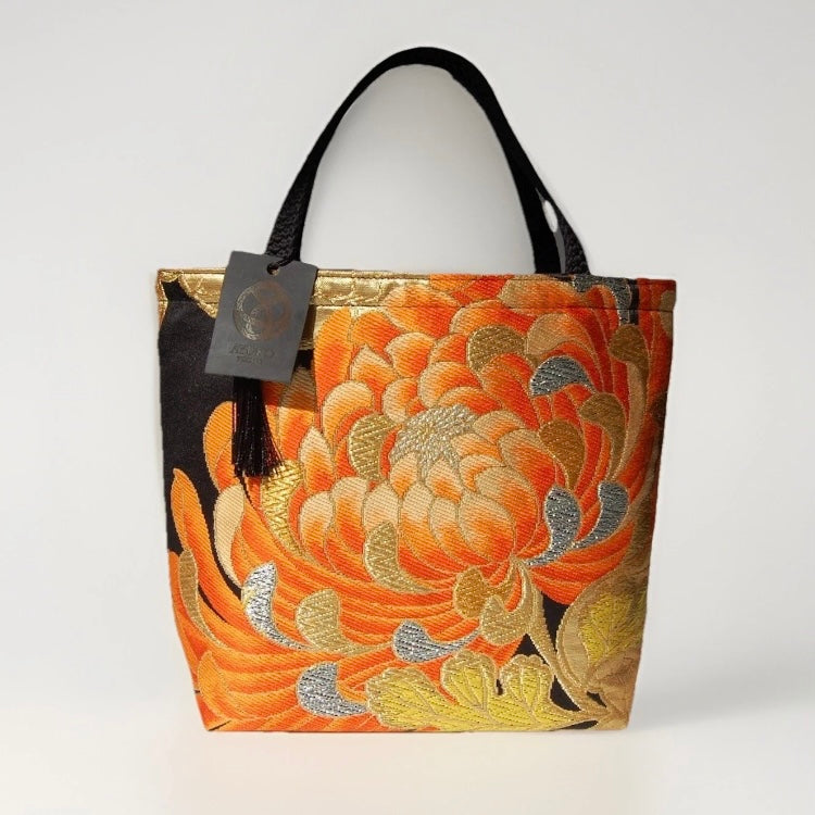 Rangiku 乱菊 Chrysanthemum Vintage Obi Silk Tote in Orange Black