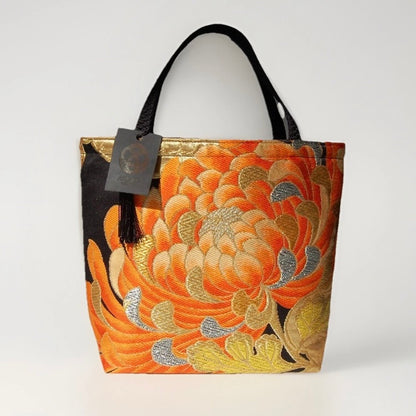 Rangiku 乱菊 Chrysanthemum Vintage Obi Silk Tote in Orange Black