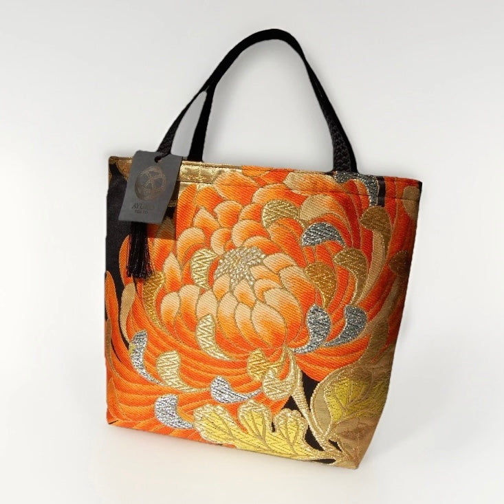Rangiku 乱菊 Chrysanthemum Vintage Obi Silk Tote in Orange Black