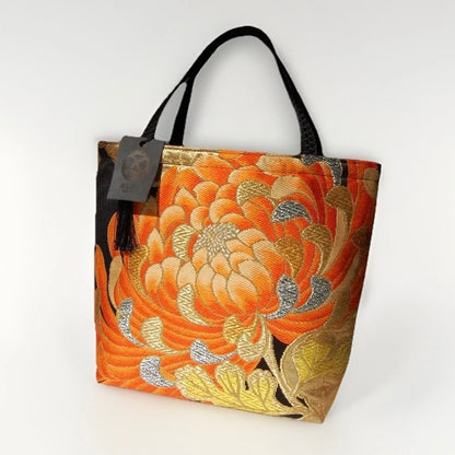 Rangiku 乱菊 Chrysanthemum Vintage Obi Silk Tote in Orange Black