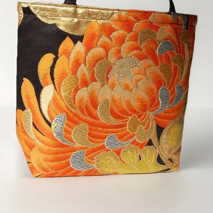 Rangiku 乱菊 Chrysanthemum Vintage Obi Silk Tote in Orange Black