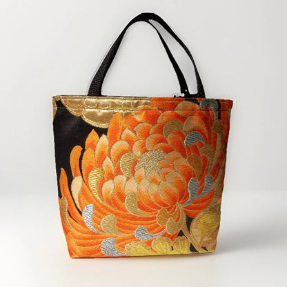 Rangiku 乱菊 Chrysanthemum Vintage Obi Silk Tote in Orange Black