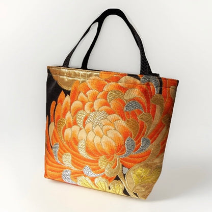 Rangiku 乱菊 Chrysanthemum Vintage Obi Silk Tote in Orange Black