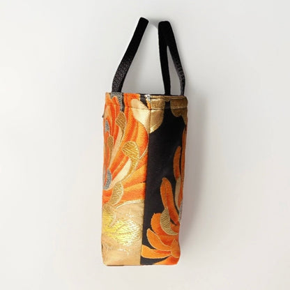 Rangiku 乱菊 Chrysanthemum Vintage Obi Silk Tote in Orange Black