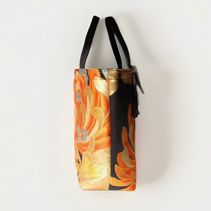 Rangiku 乱菊 Chrysanthemum Vintage Obi Silk Tote in Orange Black