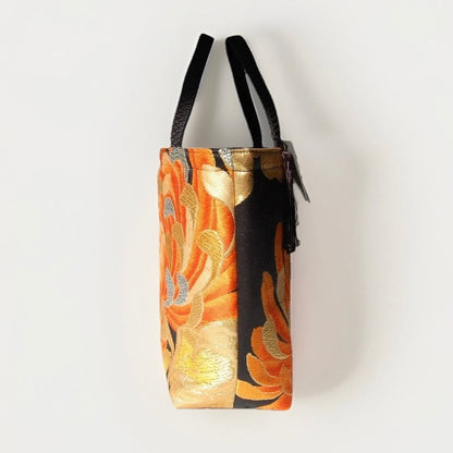 Rangiku 乱菊 Chrysanthemum Vintage Obi Silk Tote in Orange Black