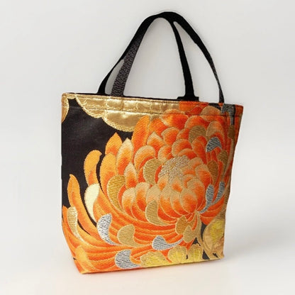 Rangiku 乱菊 Chrysanthemum Vintage Obi Silk Tote in Orange Black