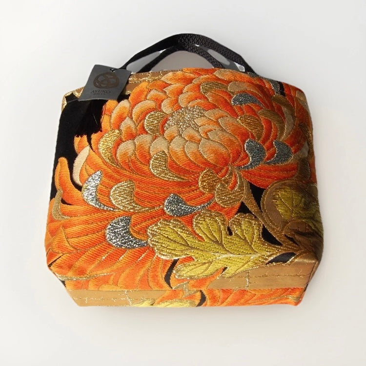Rangiku 乱菊 Chrysanthemum Vintage Obi Silk Tote in Orange Black