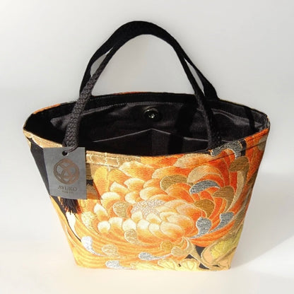 Rangiku 乱菊 Chrysanthemum Vintage Obi Silk Tote in Orange Black