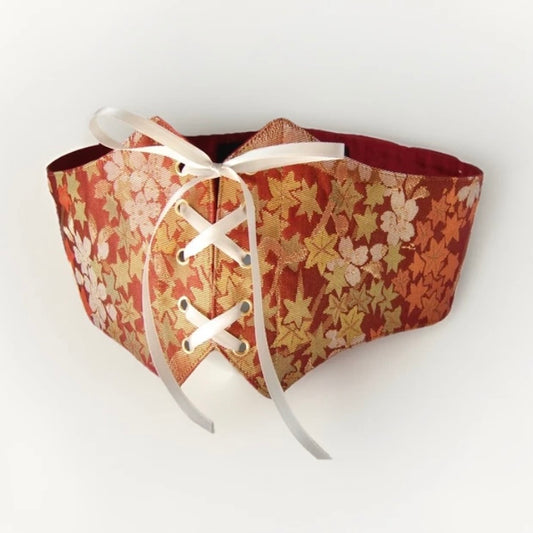 Vintage Fukuro Obi Corset Belt — Red & Gold Momiji Sakura 桜紅葉 Silk