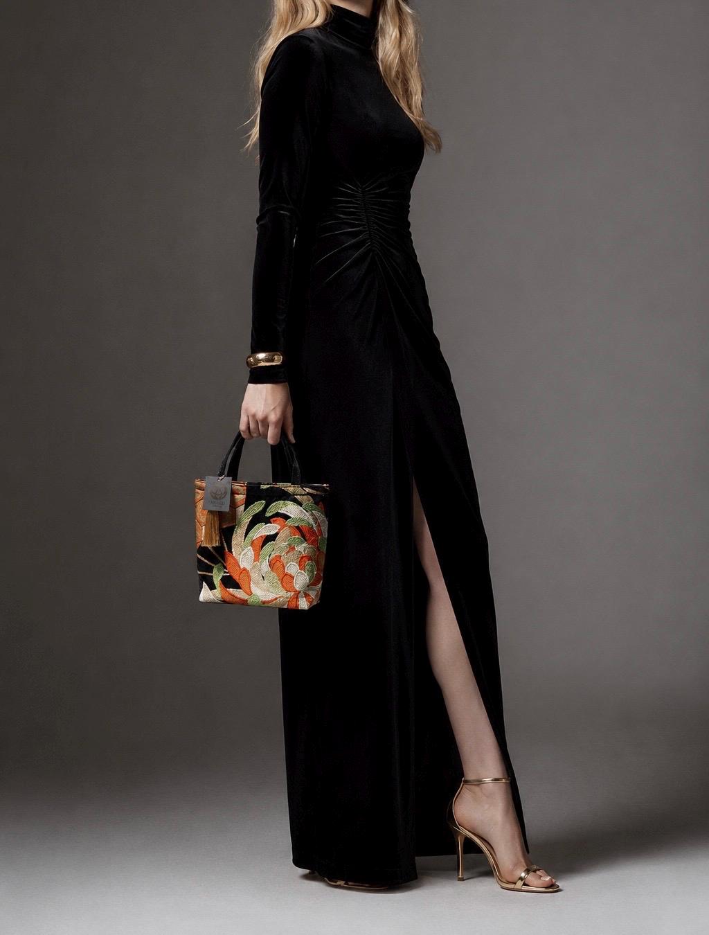 Rangiku 乱菊 Chrysanthemum Vintage Obi Silk Tote in Green Gold Orange