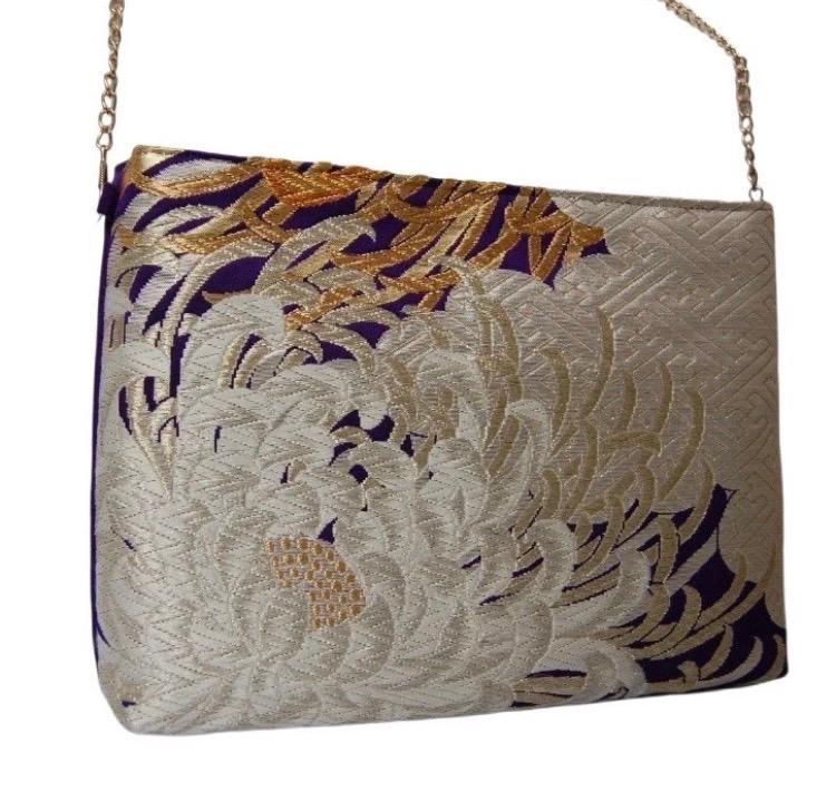 Vintage Fukuro Obi Shoulder Bag — Silver Ran-Giku Chrysanthemum Silk