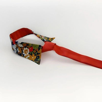 Vintage Kimono Silk Detachable Collar Tie — Navy Floral with Orange Accent