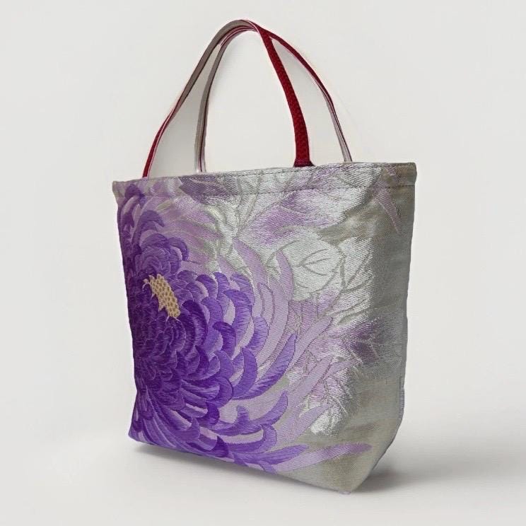 Rangiku 乱菊 Chrysanthemum Vintage Obi Silk Tote in Purple Silver