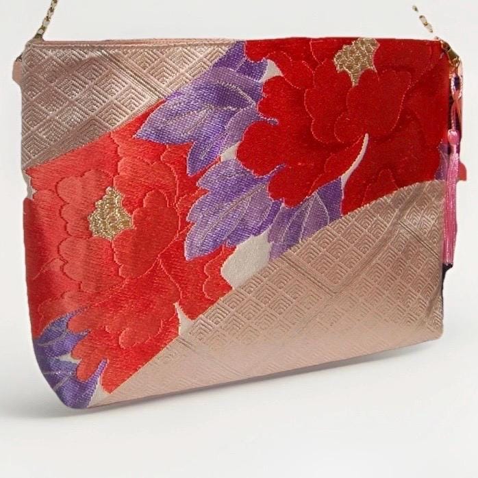 Vintage Fukuro Obi Shoulder Bag — Champagne Pink Peony Silk