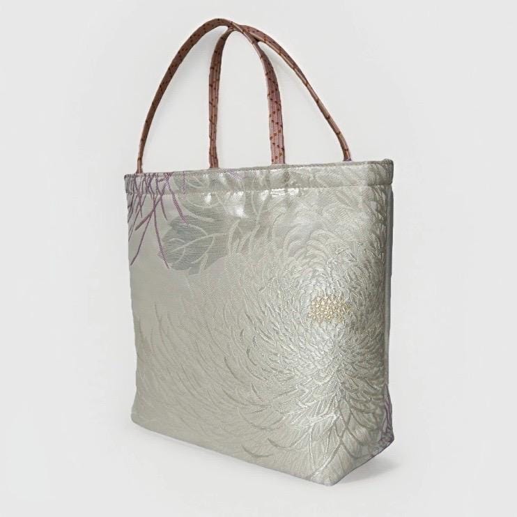 Rangiku 乱菊 Chrysanthemum Vintage Obi Silk Tote in Lilac Silver