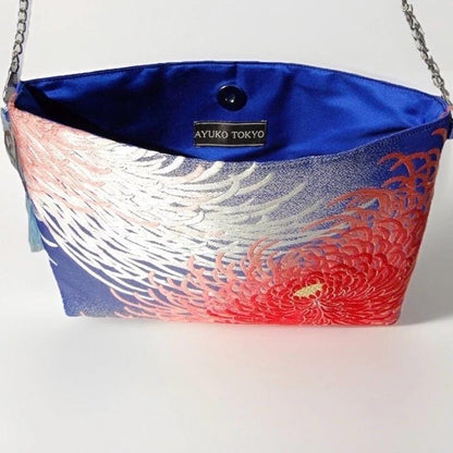 Vintage Fukuro Obi Shoulder Bag — Red & Pink Ran-Giku Chrysanthemum on Blue Silk
