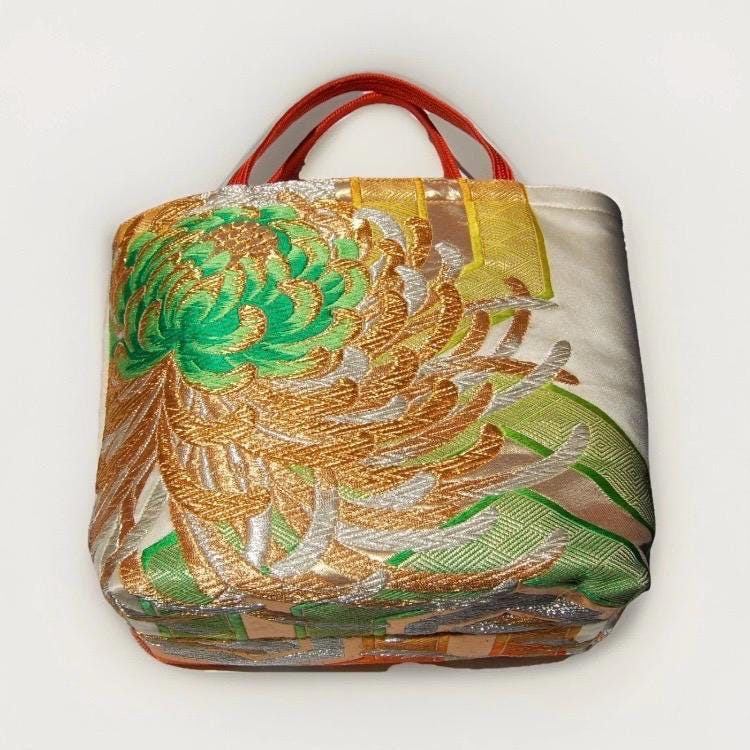 Two-Sided Rangiku 乱菊 Vintage Obi Silk Tote in Purple White Silver